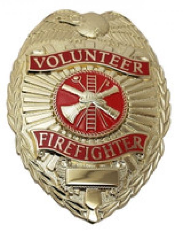 VOLUNTEER FIREFIGHTER SHIELD METAL SHIRT BADGE - BRASS.